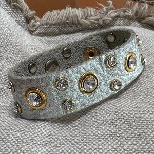 Beautiful Silver (Leather ?) with Crystal and Gold Accents Bracelet